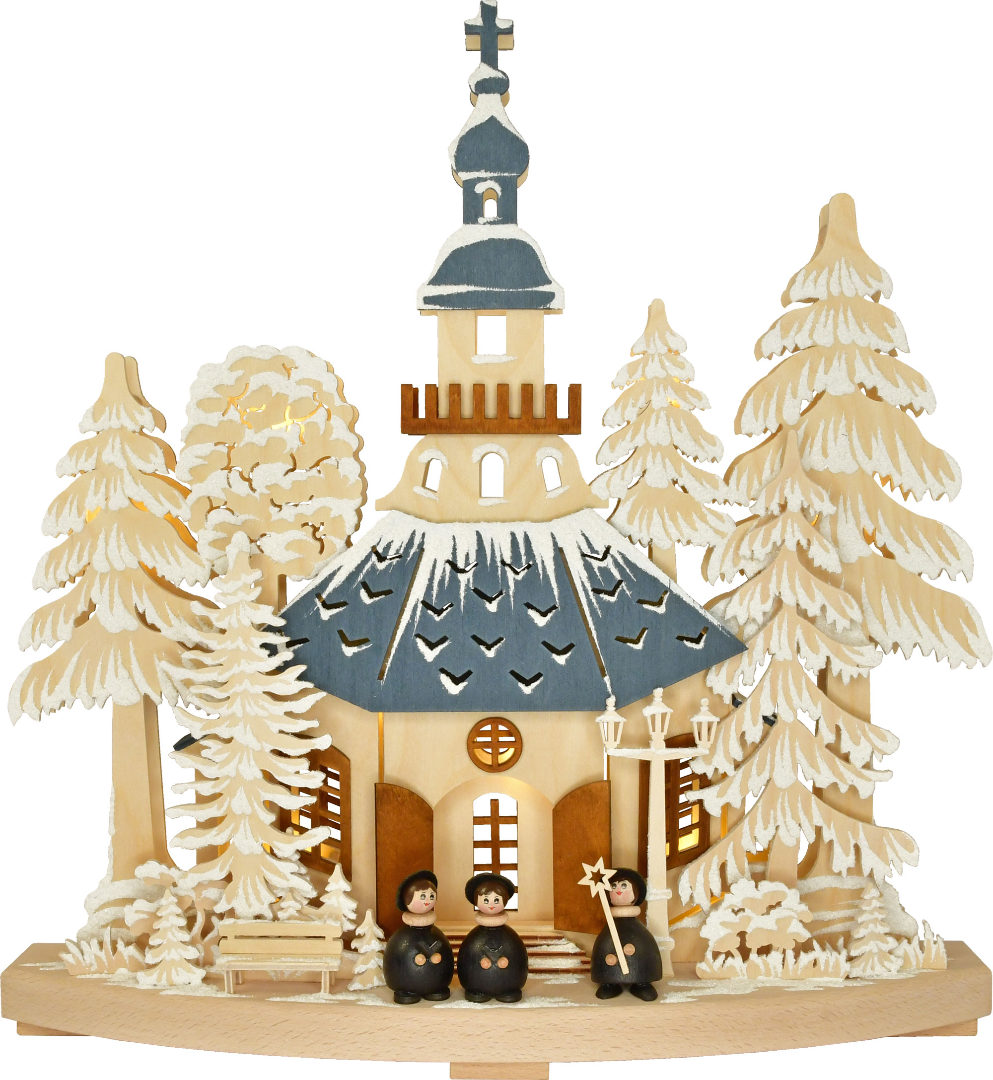 Schwibbogen kl., Kirchgang in Seiffen, farbige Dächer, Raureif Schwibbogen kl., Kirchgang in Seiffen, farbige Dächer, Raureif