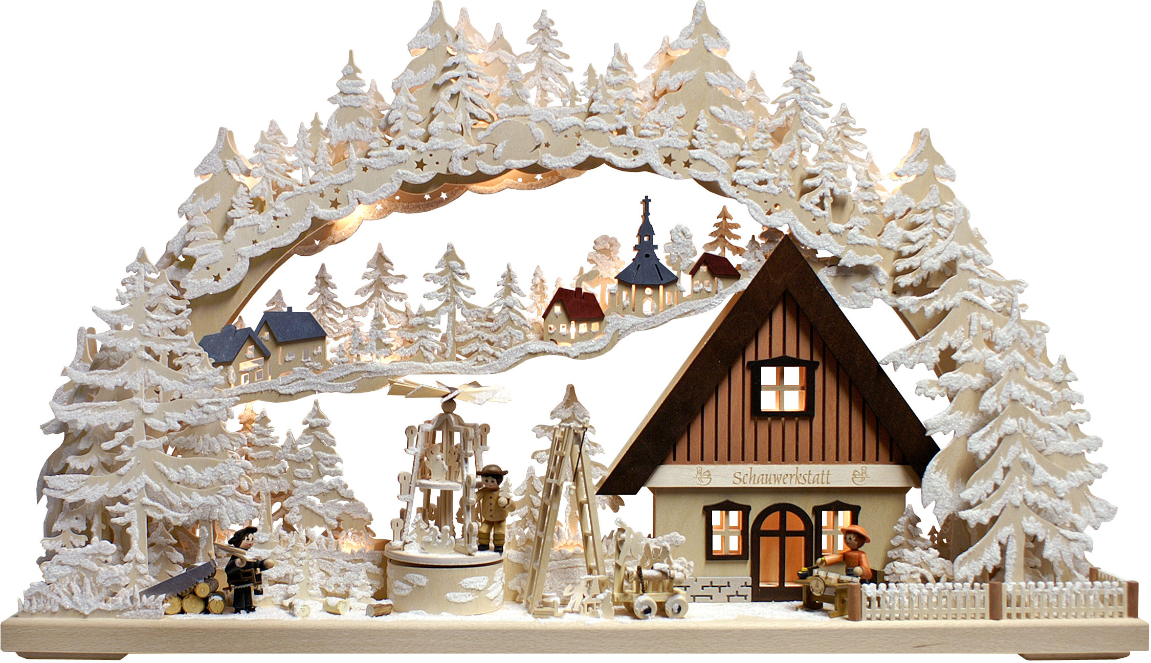 3D-Schwibbogen gr., Schauwerkstatt, mit Pyramide,  Raureif 3D-Schwibbogen gr., Schauwerkstatt, mit Pyramide,  Raureif