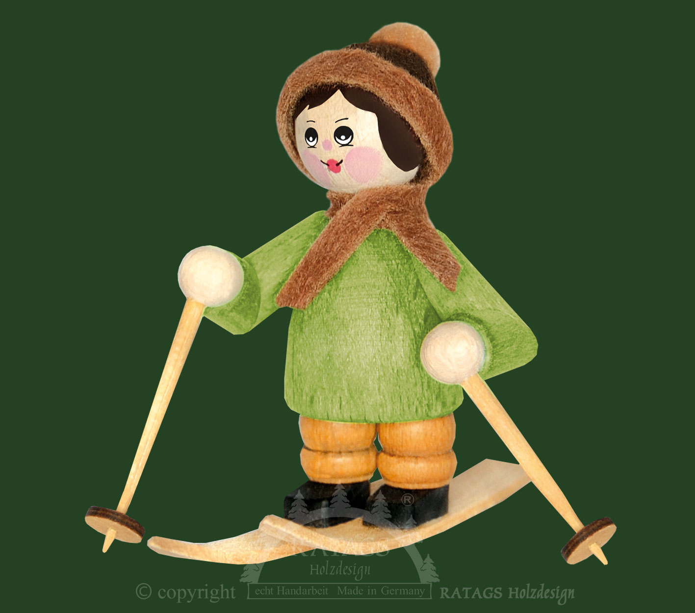 Figur, Skifahrer, mahagoni, apfelgrün Figur, Skifahrer, mahagoni, apfelgrün