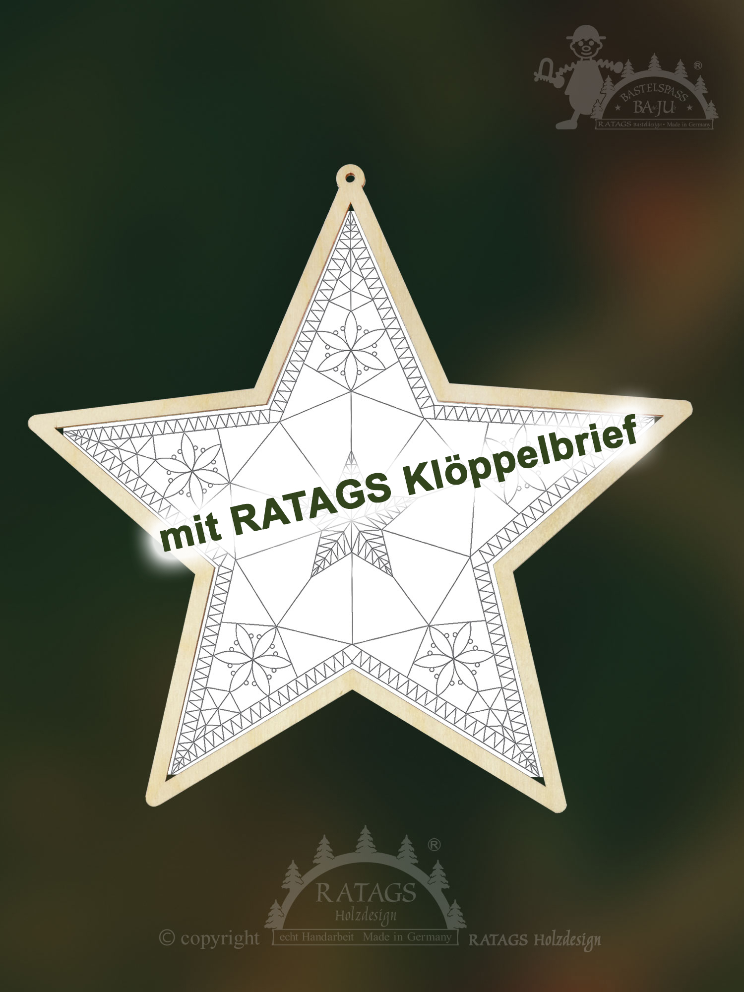 Klöppelrahmen, Stern zum Hängen mit RATAGS Klöppelbrief Klöppelrahmen, Stern zum Hängen mit RATAGS Klöppelbrief