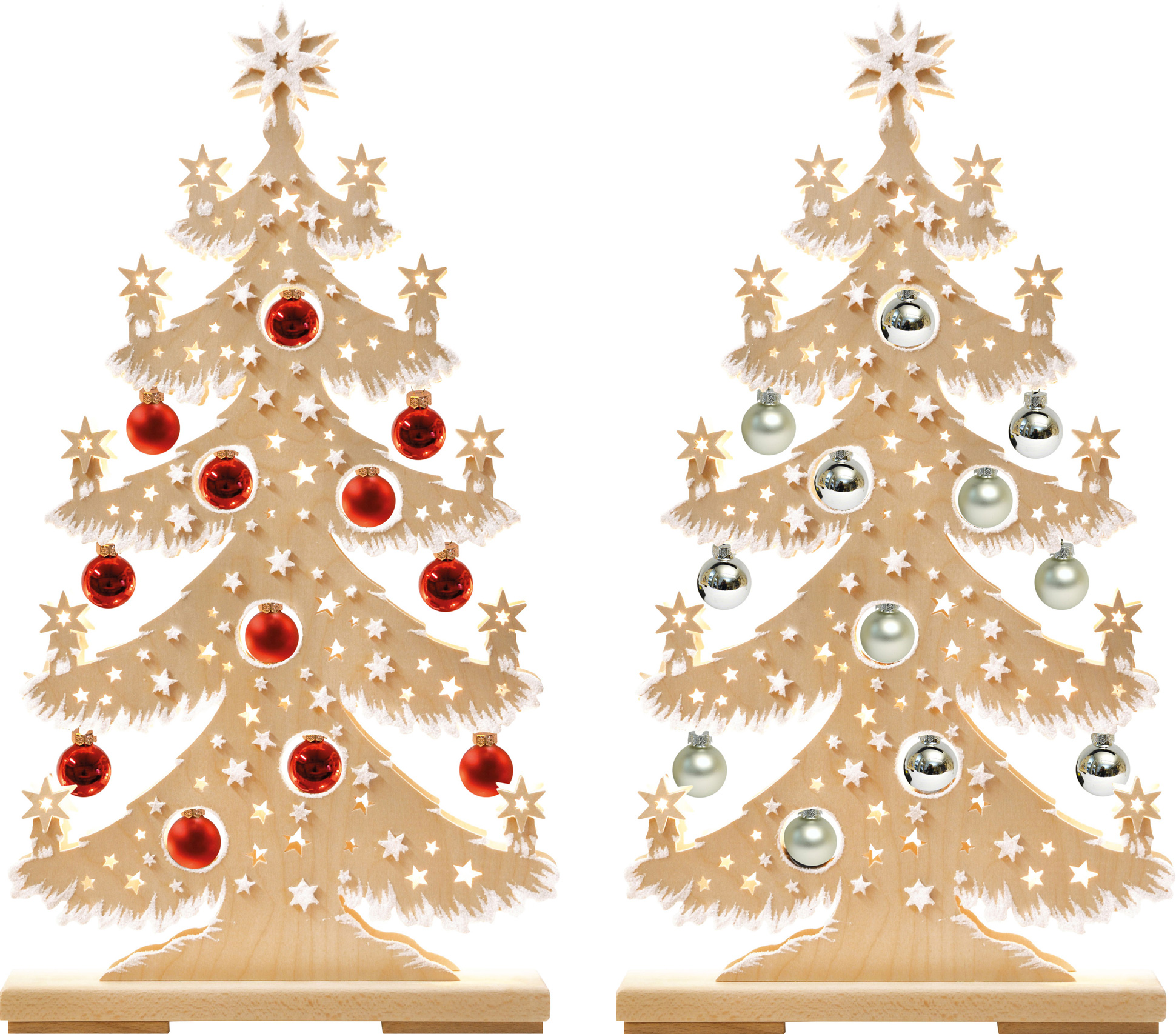 Tanne mittelgroß, 2er Set Kugeln, rot+silber, Raureif