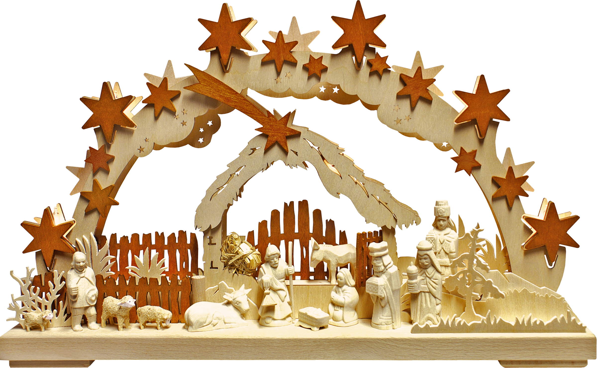 3D-Schwibbogen klein, Morgenland, geschnitzte Figuren, natur,braune Sterne 3D-Schwibbogen klein, Morgenland, geschnitzte Figuren, natur,braune Sterne