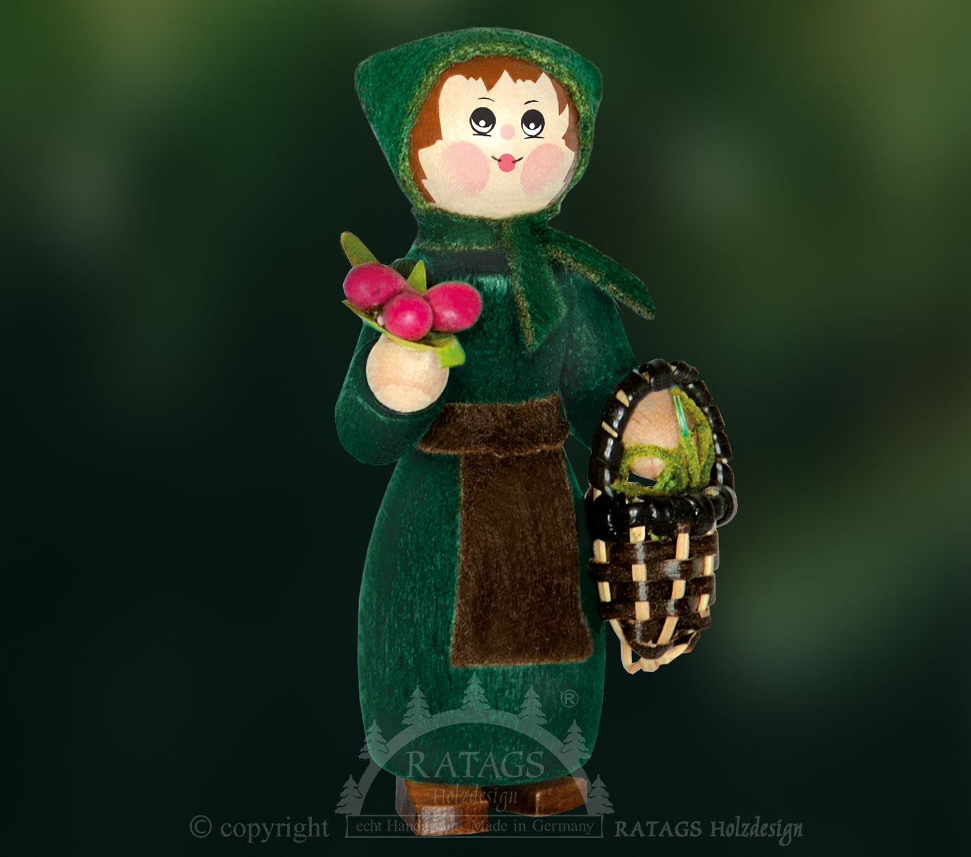 Figur, Försterin mit Korb und Beeren, tannengrün Figur, Försterin mit Korb und Beeren, tannengrün