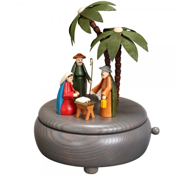 Spieldose grau Christi Geburt klein H 16 cm x B 13 cm x T 13 cm