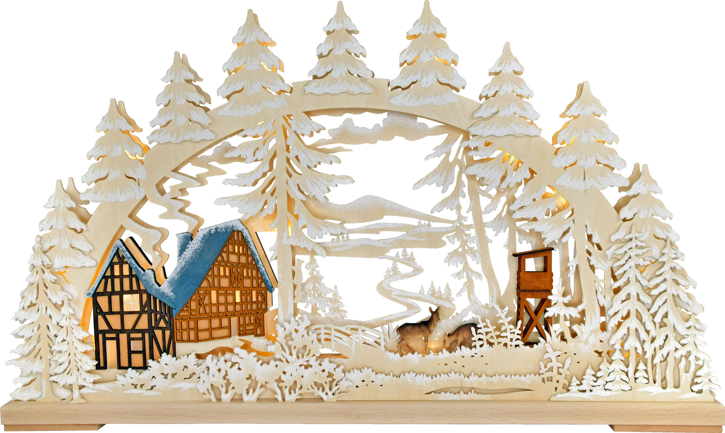 3D-Schwibbogen gr., Waldesruh, Raureif, 2 Fachwerkhäuser, Hochsitz, 2 Rehe 3D-Schwibbogen gr., Waldesruh, Raureif, 2 Fachwerkhäuser, Hochsitz, 2 Rehe