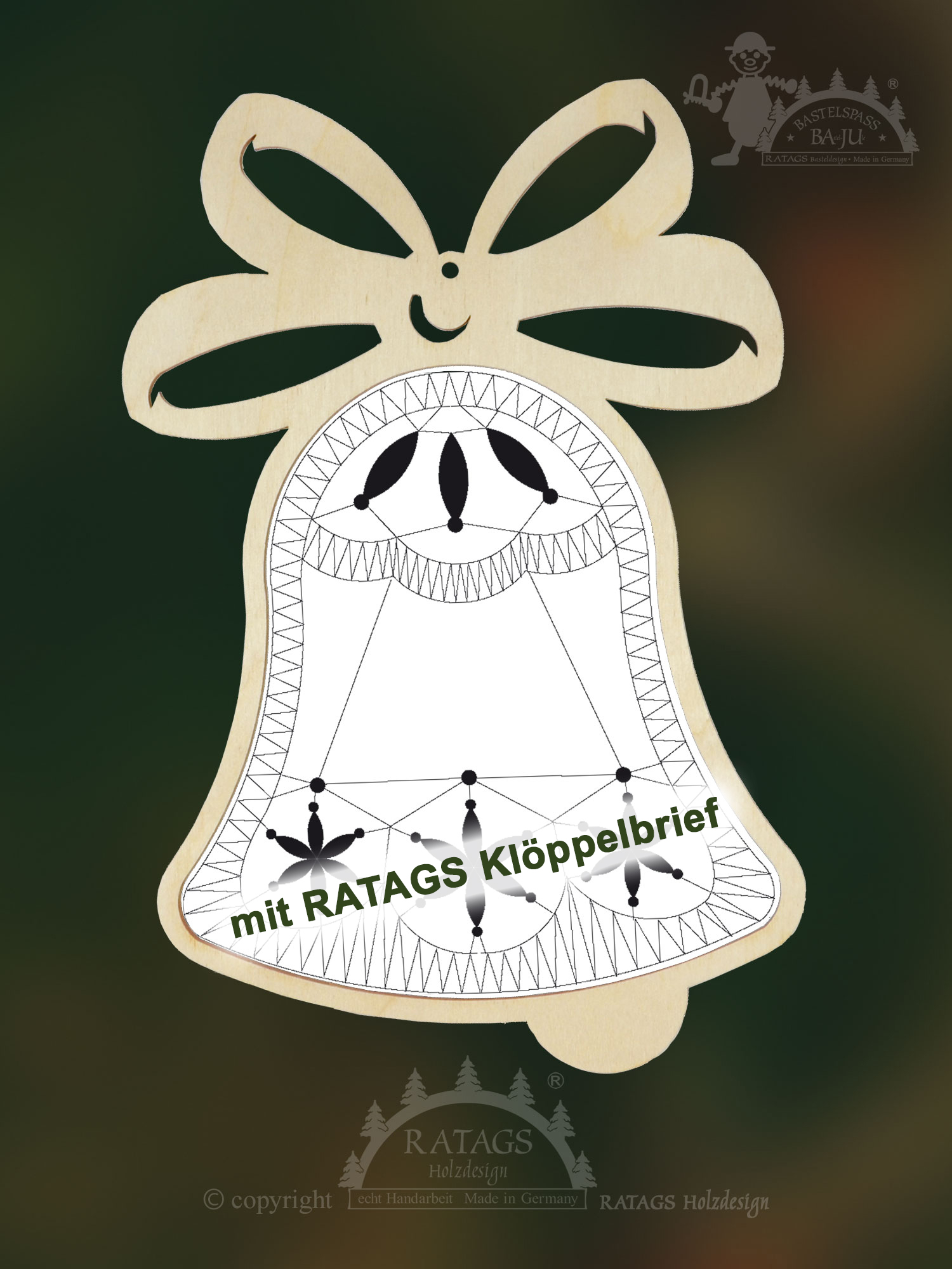 Klöppelrahmen, Glocke zum Hängen mit RATAGS Klöppelbrief Klöppelrahmen, Glocke zum Hängen mit RATAGS Klöppelbrief