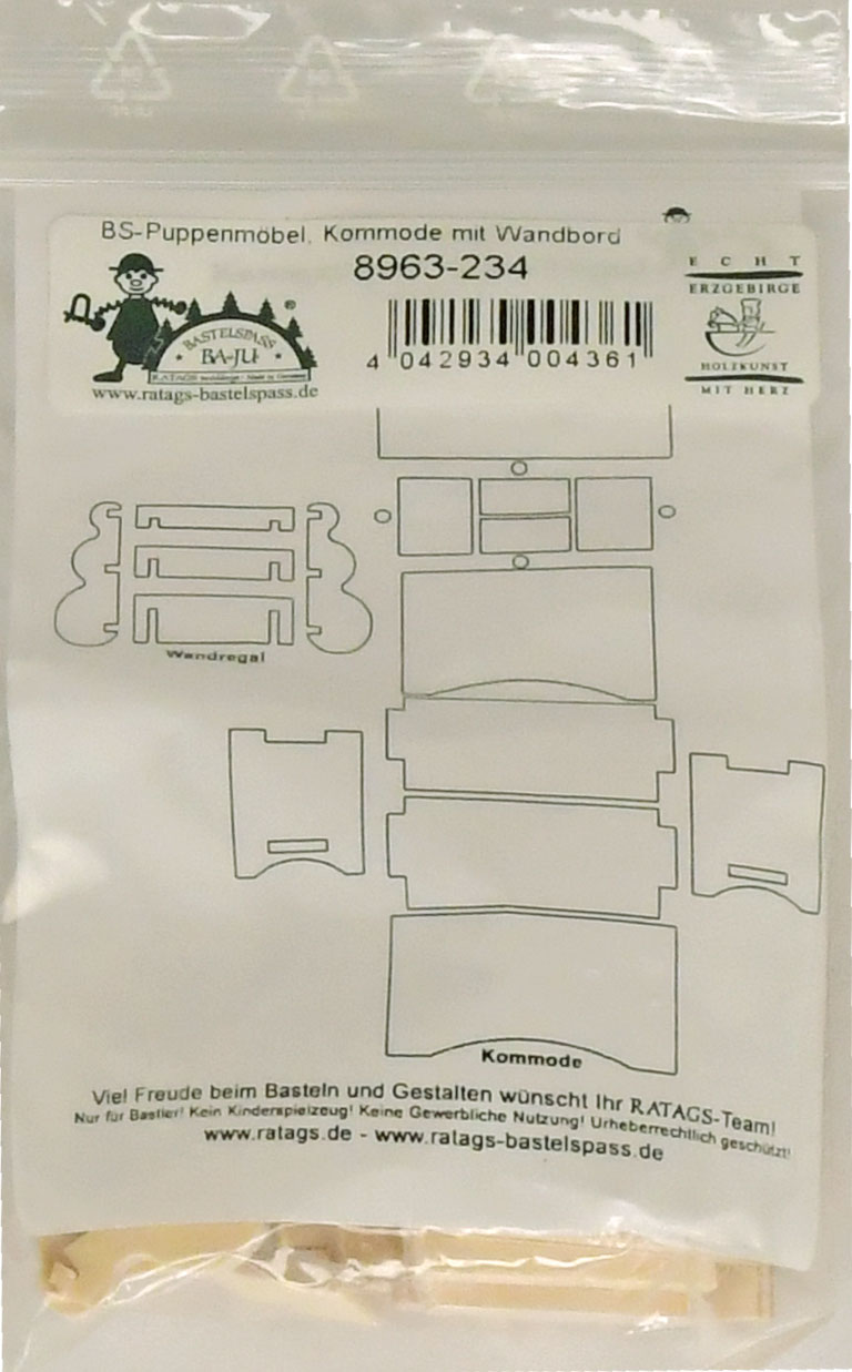 Puppenmöbel zum Basteln, Kommode mit Wandbord Puppenmöbel zum Basteln, Kommode mit Wandbord