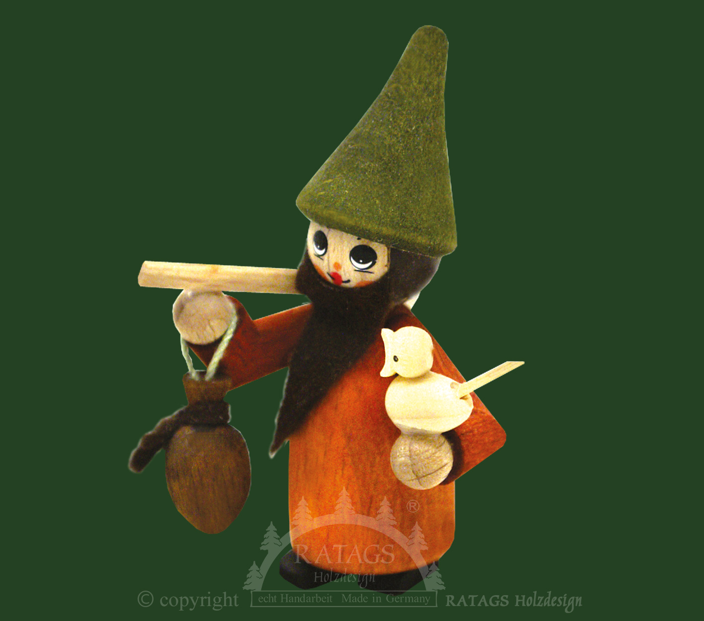 Figur, Zwerg mit Handbeutel, Axt, Vogel Figur, Zwerg mit Handbeutel, Axt, Vogel