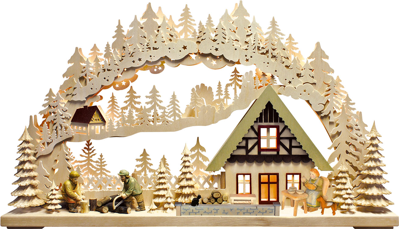 3D-Schwibbogen groß, Holzfäller, geschnitzte Figuren 3D-Schwibbogen groß, Holzfäller, geschnitzte Figuren