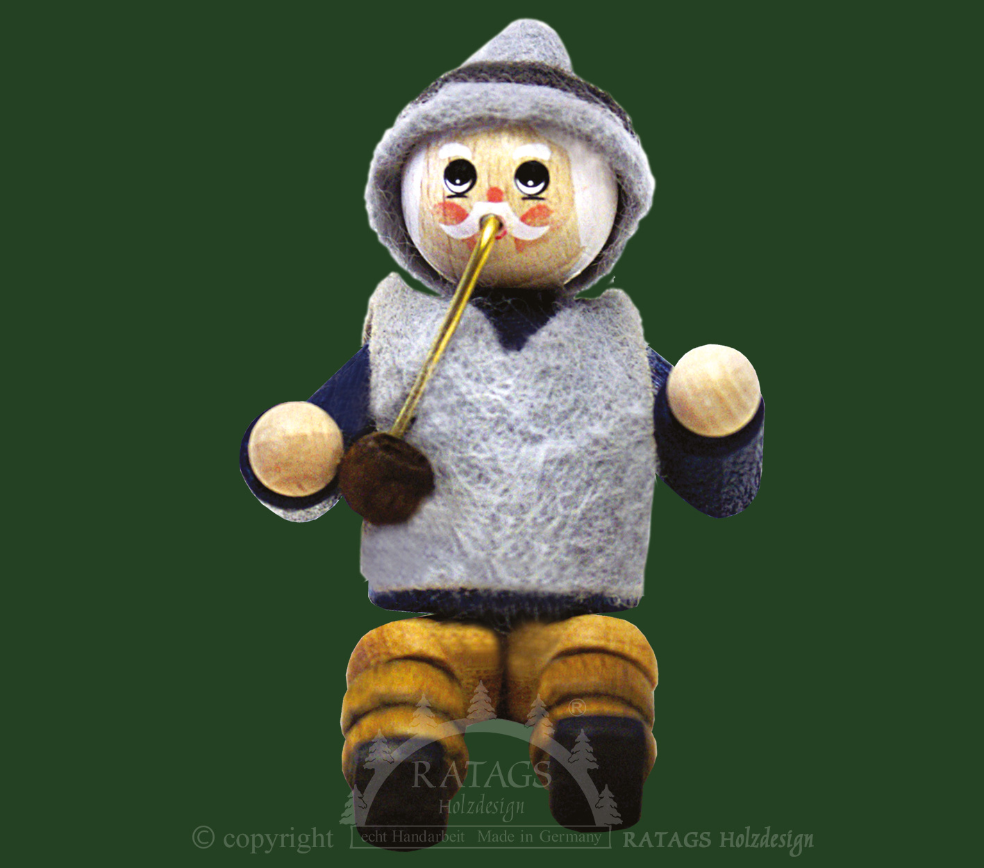 Figur, Opa sitzend ohne Stuhl, Pfeife, blau