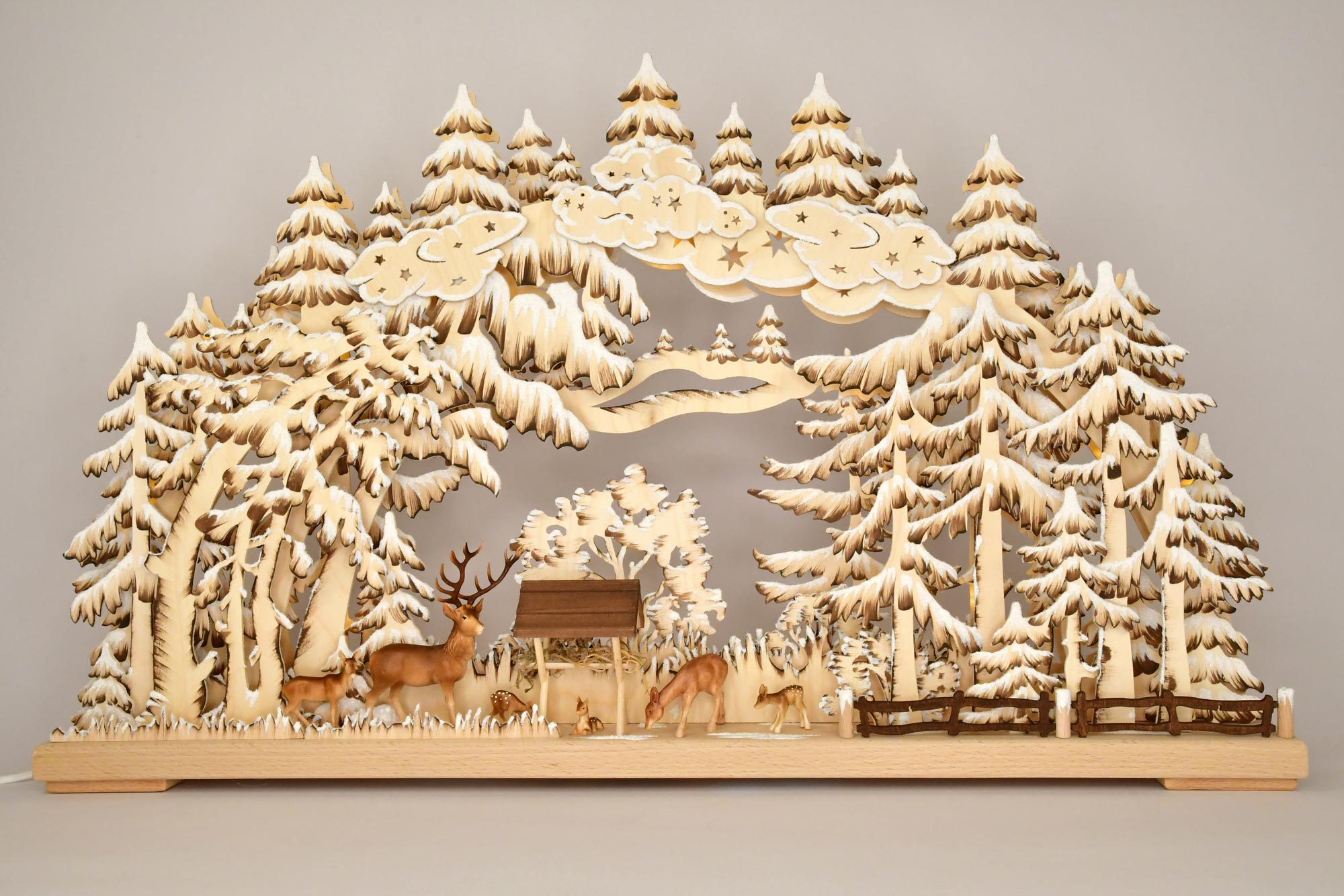 3D-Schwibbogen gr., Rehe im Wald, farbig grau, Raureif