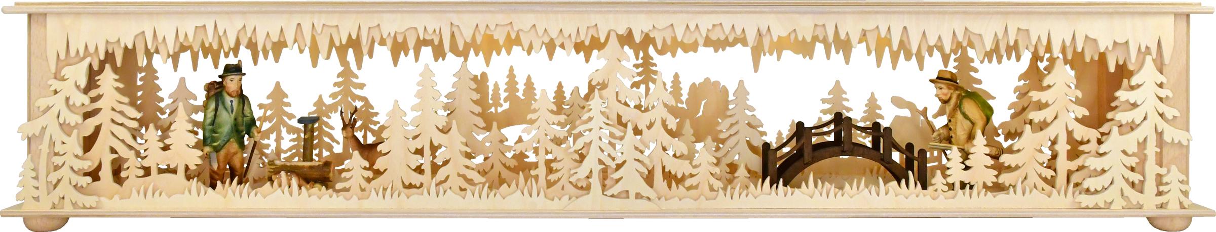 Raumleuchte gr., Brücke, Wald, Rehe, geschnitzte Figuren Raumleuchte gr., Brücke, Wald, Rehe, geschnitzte Figuren