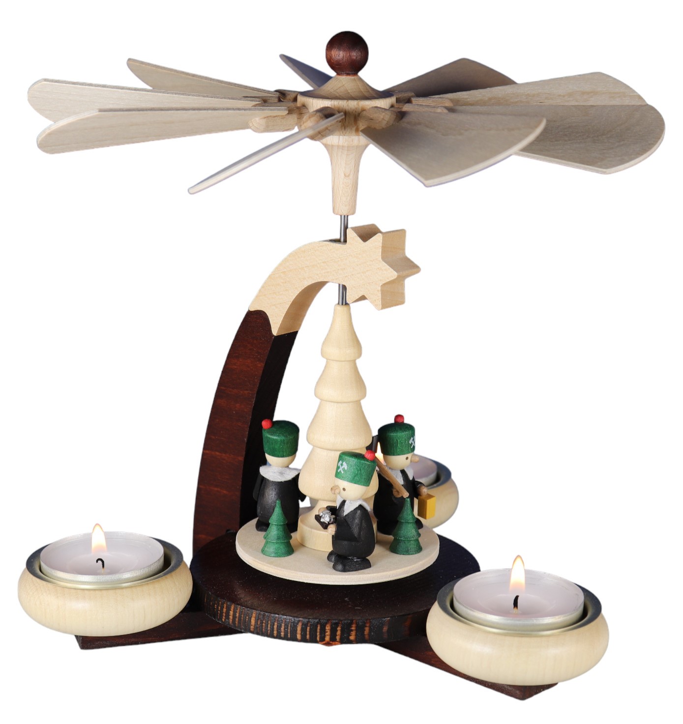 Teelichtpyr. dunkelbraun/nat. Bergleute für 3 Teelichte, H19 cm