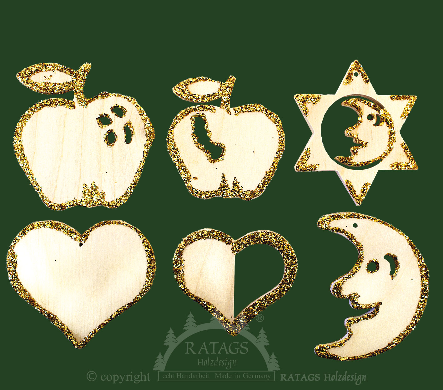Baumbehang, 6er Set, Weihnachtsmotive, natur-gold Baumbehang, 6er Set, Weihnachtsmotive, natur-gold