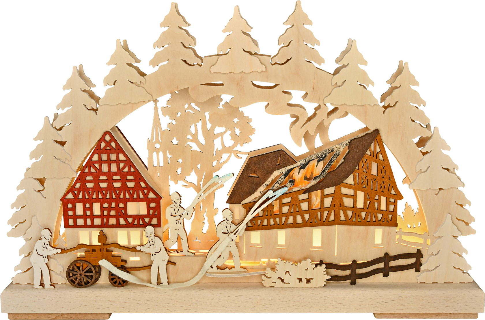 3D LED-Schwibbogen klein, Feuerwehr beim Löschen eines Hausbrandes 3D LED-Schwibbogen klein, Feuerwehr beim Löschen eines Hausbrandes