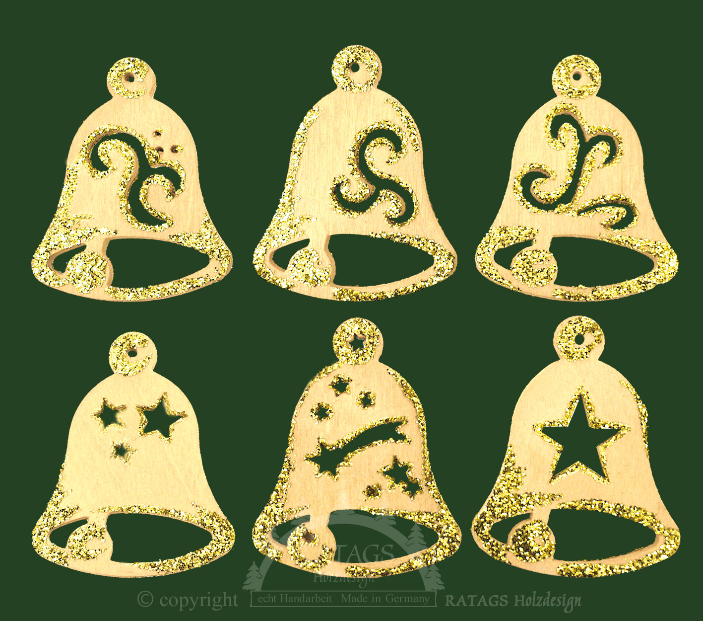 Baumbehang, 6er Set, Glocken, natur-gold