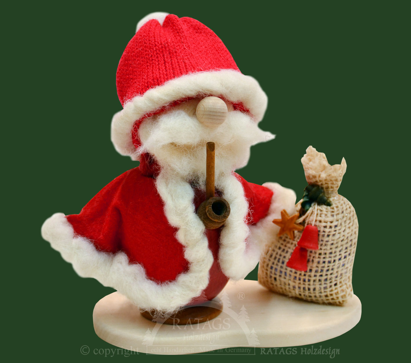 Räuchermann, Weihnachtsmann auf Platte, roter Mantel, Geschenkesack Räuchermann, Weihnachtsmann auf Platte, roter Mantel, Geschenkesack
