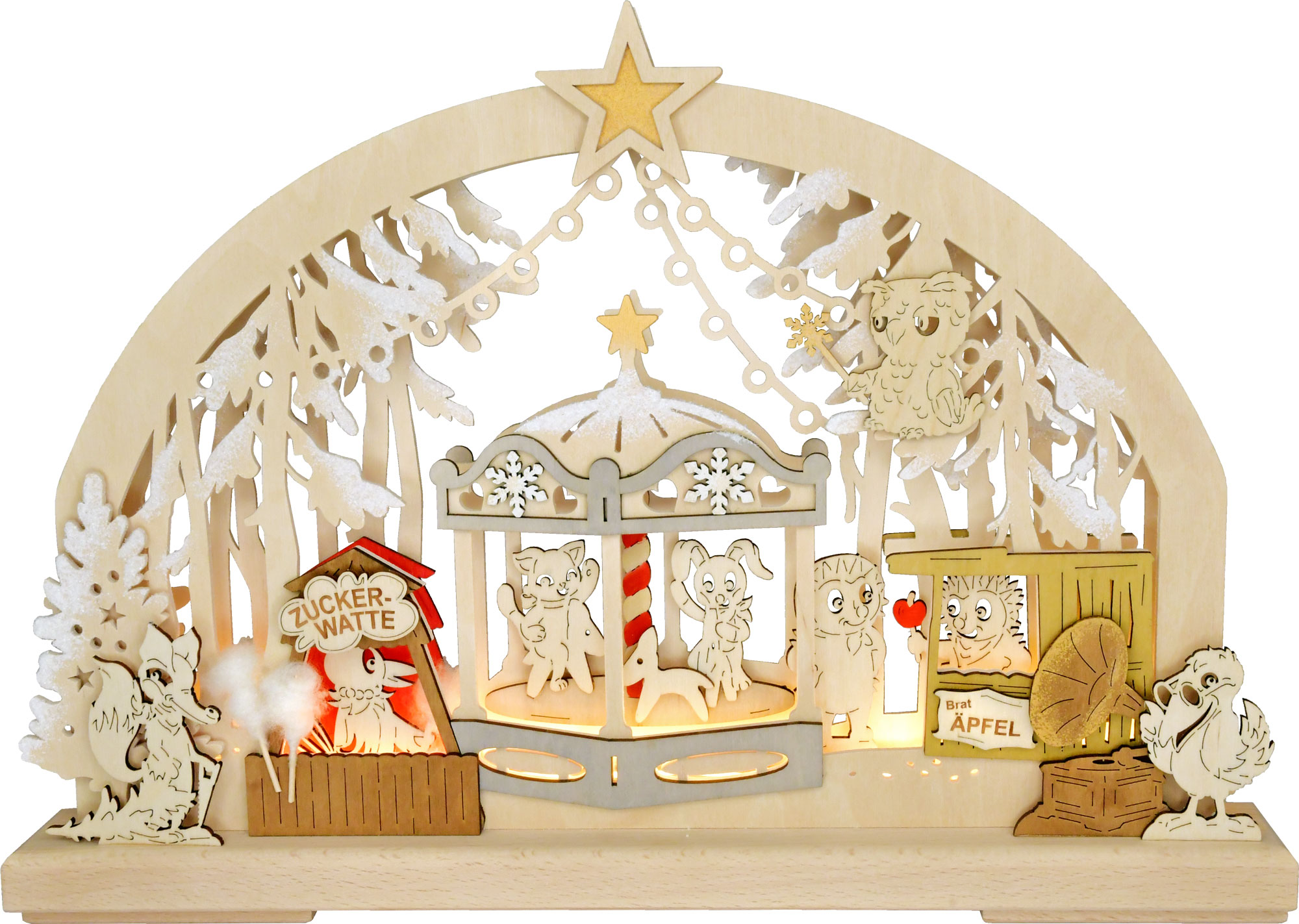 Schwibbogen kl., Weihnachtsmarkt, MÃ¤rchenwald, farbig, Raureif, LED-Stripe