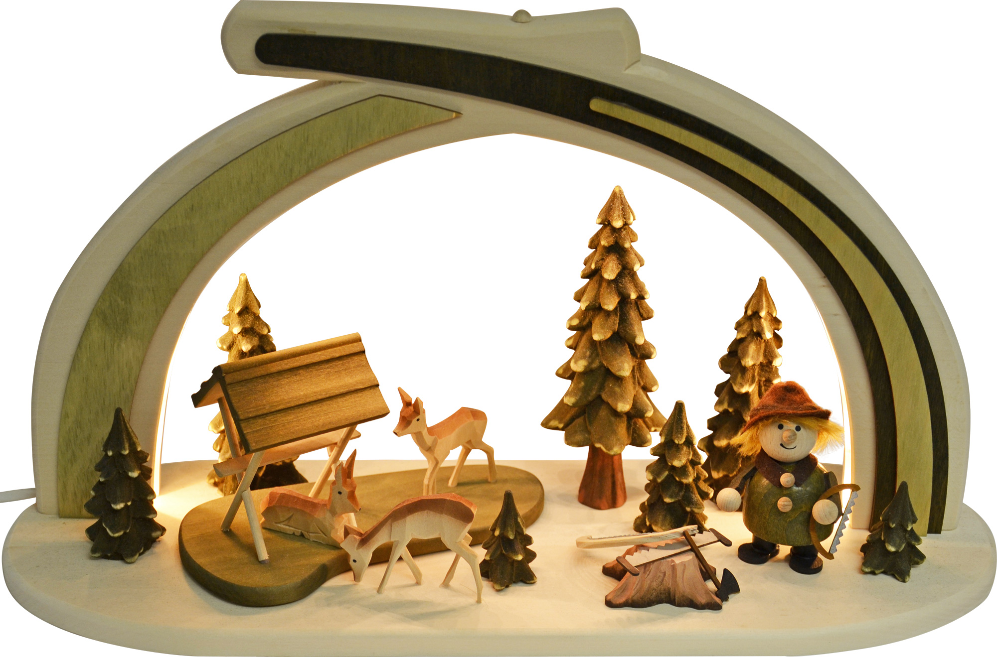 Massivholzbogen, Molli Waldarbeiter 3 geschnitzte Rehe, mit LED-Beleuchtung Massivholzbogen, Molli Waldarbeiter 3 geschnitzte Rehe, mit LED-Beleuchtung