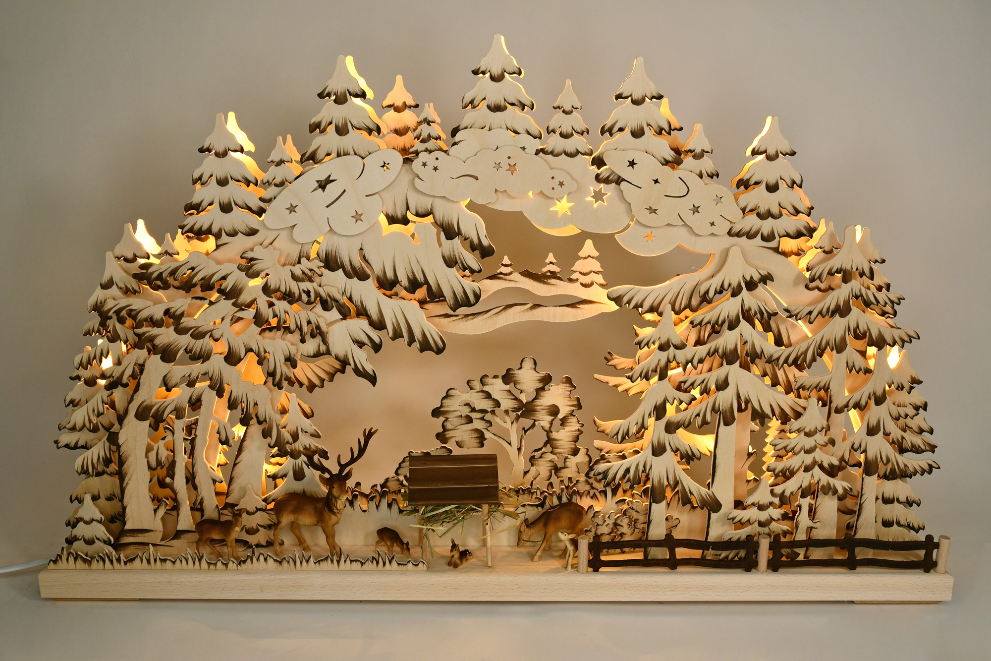 3D-Schwibbogen gr., Rehe im Wald, Var. 3, handbemalt, braun 3D-Schwibbogen gr., Rehe im Wald, Var. 3, handbemalt, braun