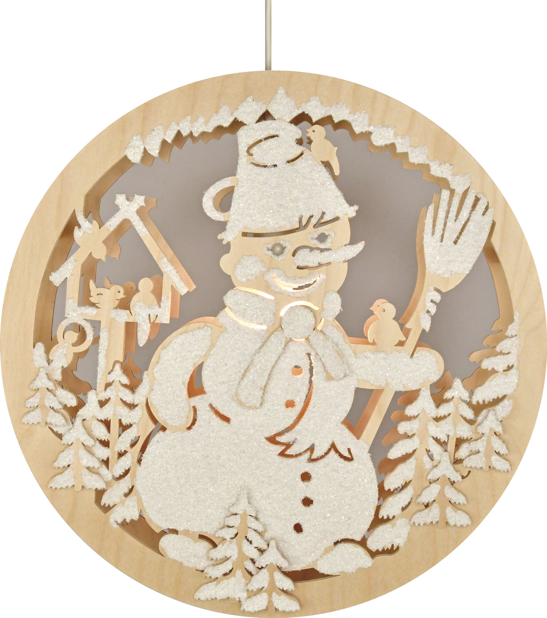 Fensterbild, beleuchtet, Schneemann, Raureif Fensterbild, beleuchtet, Schneemann, Raureif