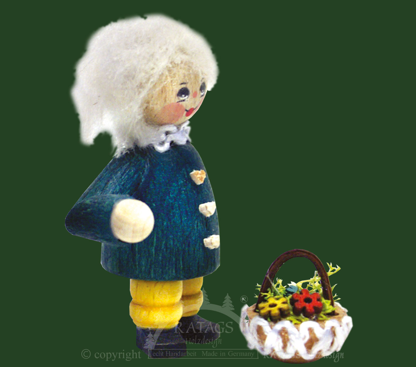 Figur, Kind mit Blumenkorb, blau Figur, Kind mit Blumenkorb, blau