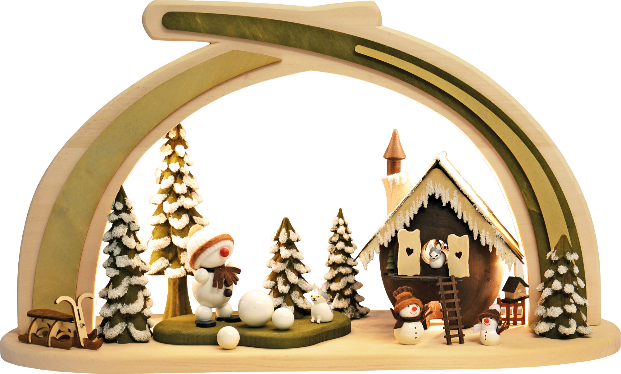 Massivholzbogen, Schneemänner, weiß LED-Beleuchtung