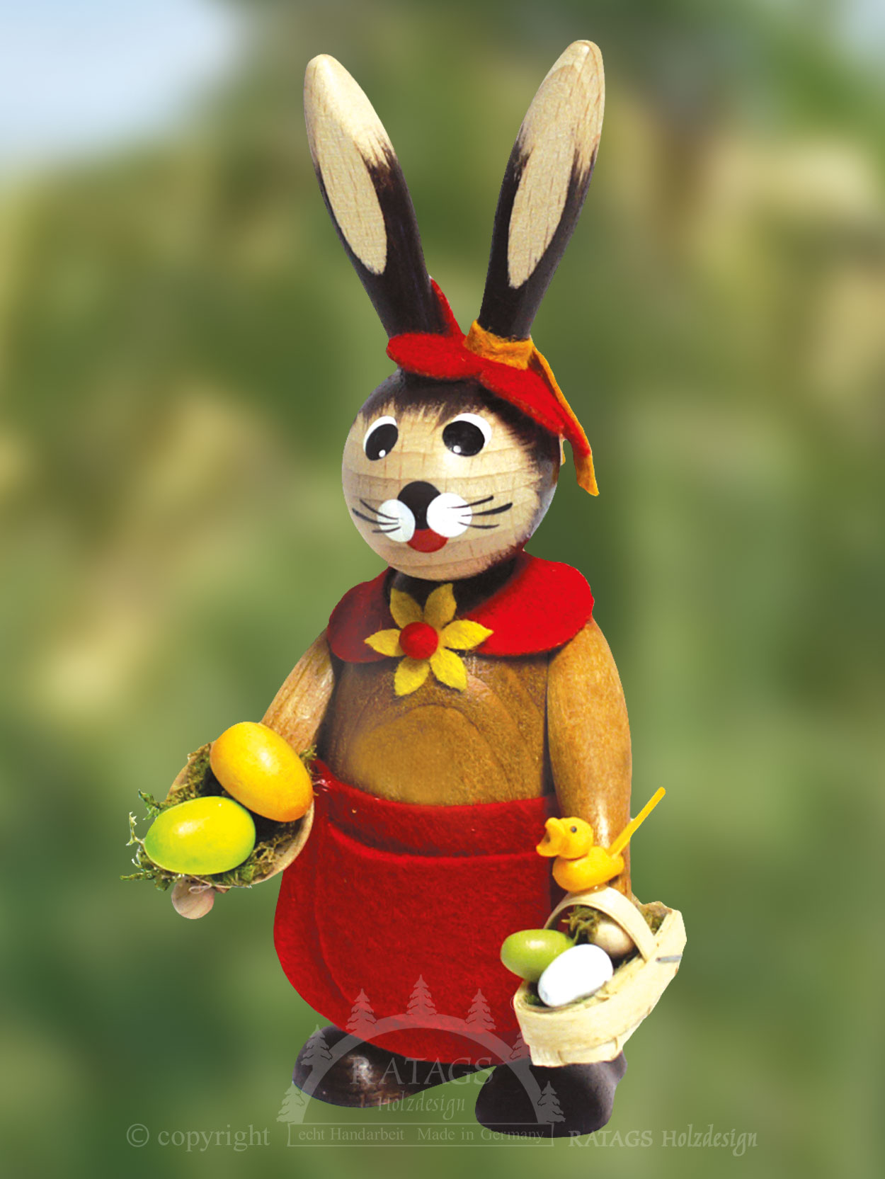 Hasenfrau, Eierkörbchen, rote Schürze Hasenfrau, Eierkörbchen, rote Schürze