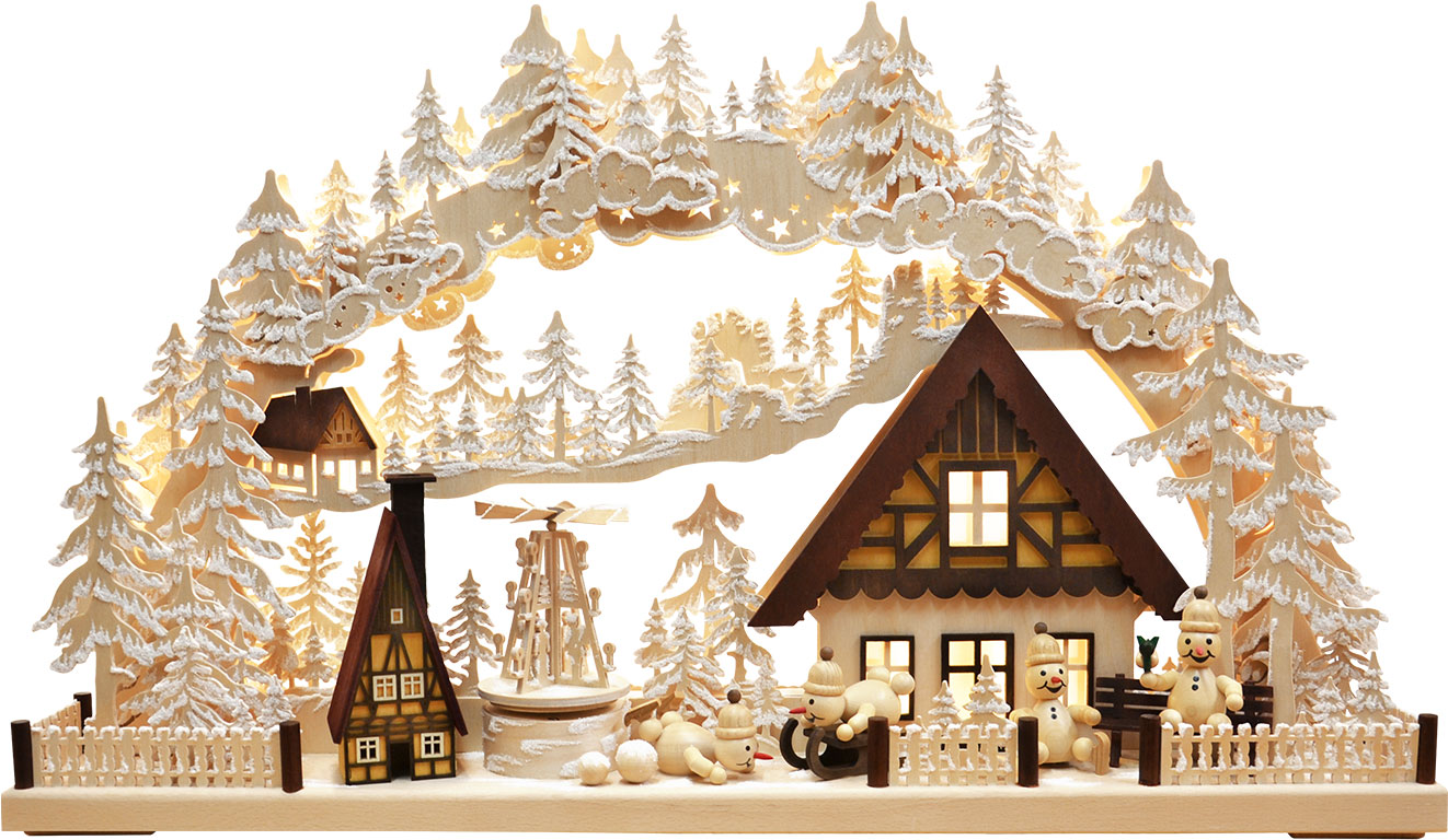 3D-Schwibbogen groß, Schneemannland, drehende Pyramide, Raureif 3D-Schwibbogen groß, Schneemannland, drehende Pyramide, Raureif