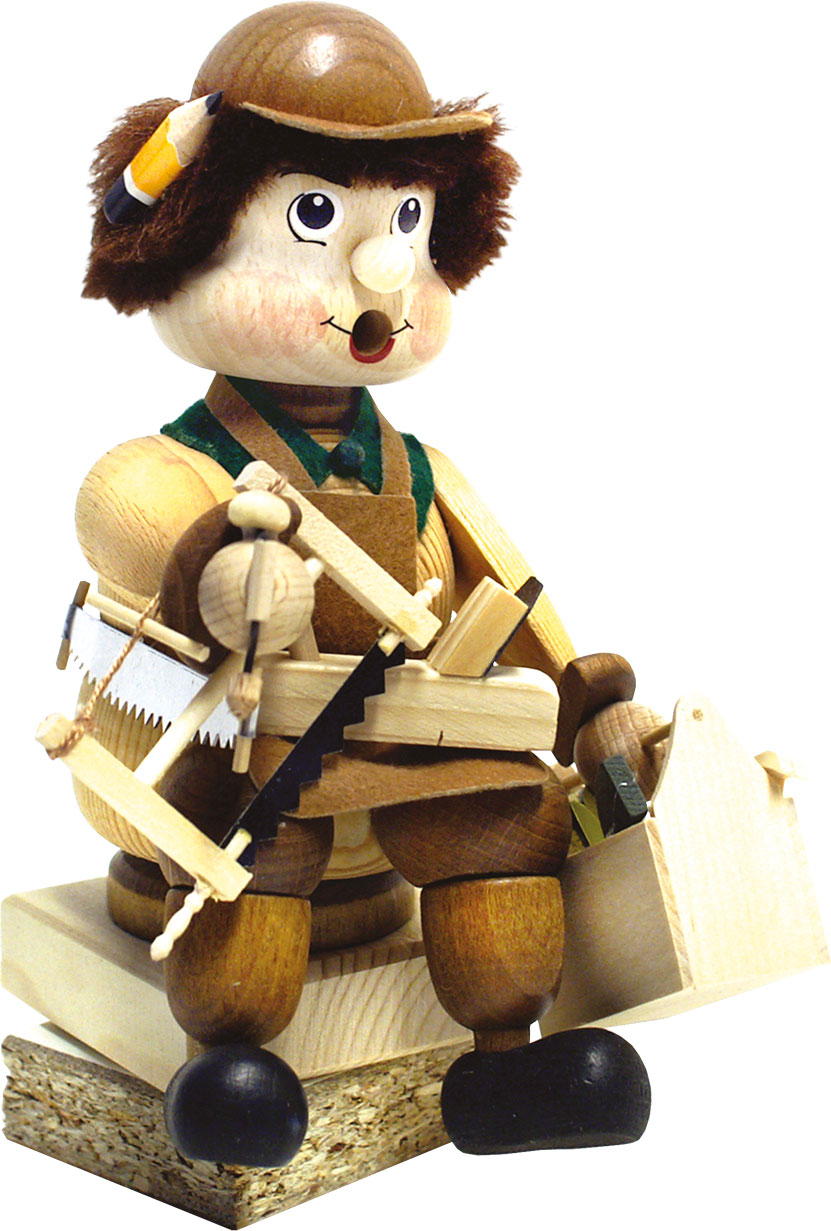 Kantenhocker, Tischlermeister auf Holzbrettern Kantenhocker, Tischlermeister auf Holzbrettern