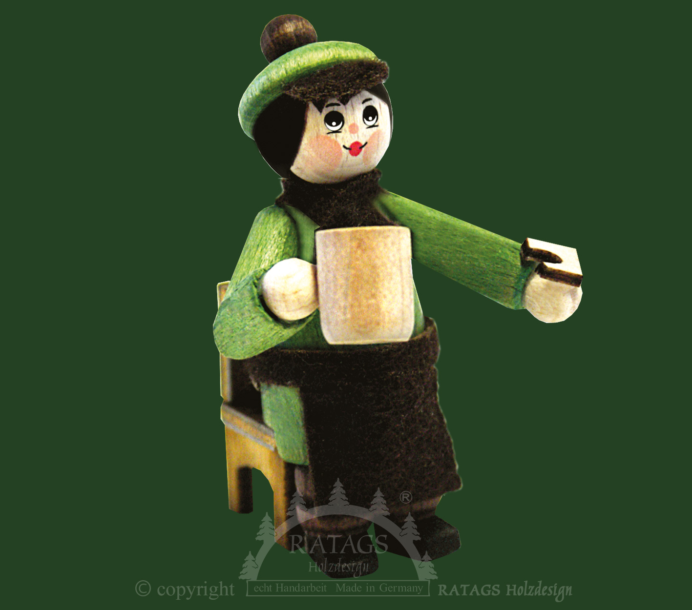 Figur, Mann mit Bierhumpen auf Stuhl, grün Figur, Mann mit Bierhumpen auf Stuhl, grün