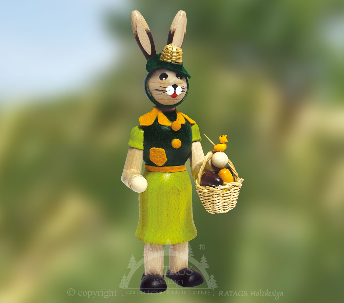 Hasenmutter, Körbchen, Hut, gelb-grün