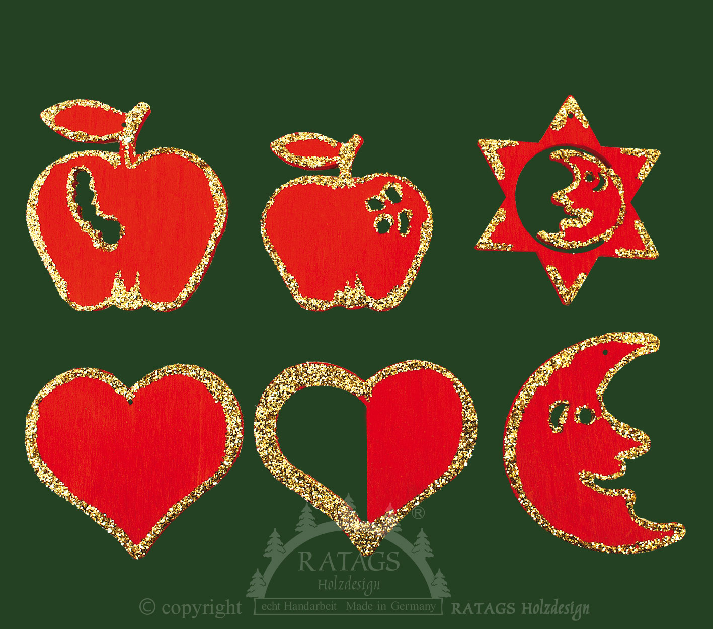 Baumbehang, 6er Set, Weihnachtsmotive, rot-gold