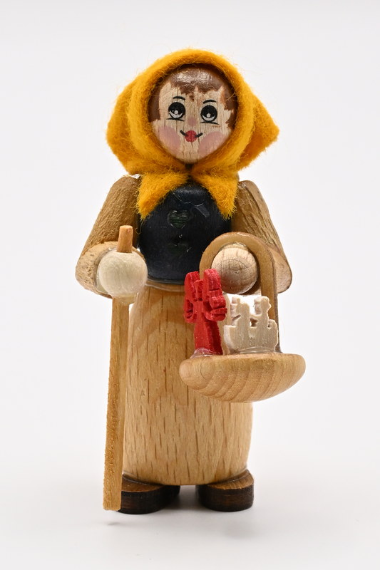 Figur, Frau Erzgebirgshändlerin gelb/blau, H 5,5 cm Figur, Frau Erzgebirgshändlerin gelb/blau, H 5,5 cm