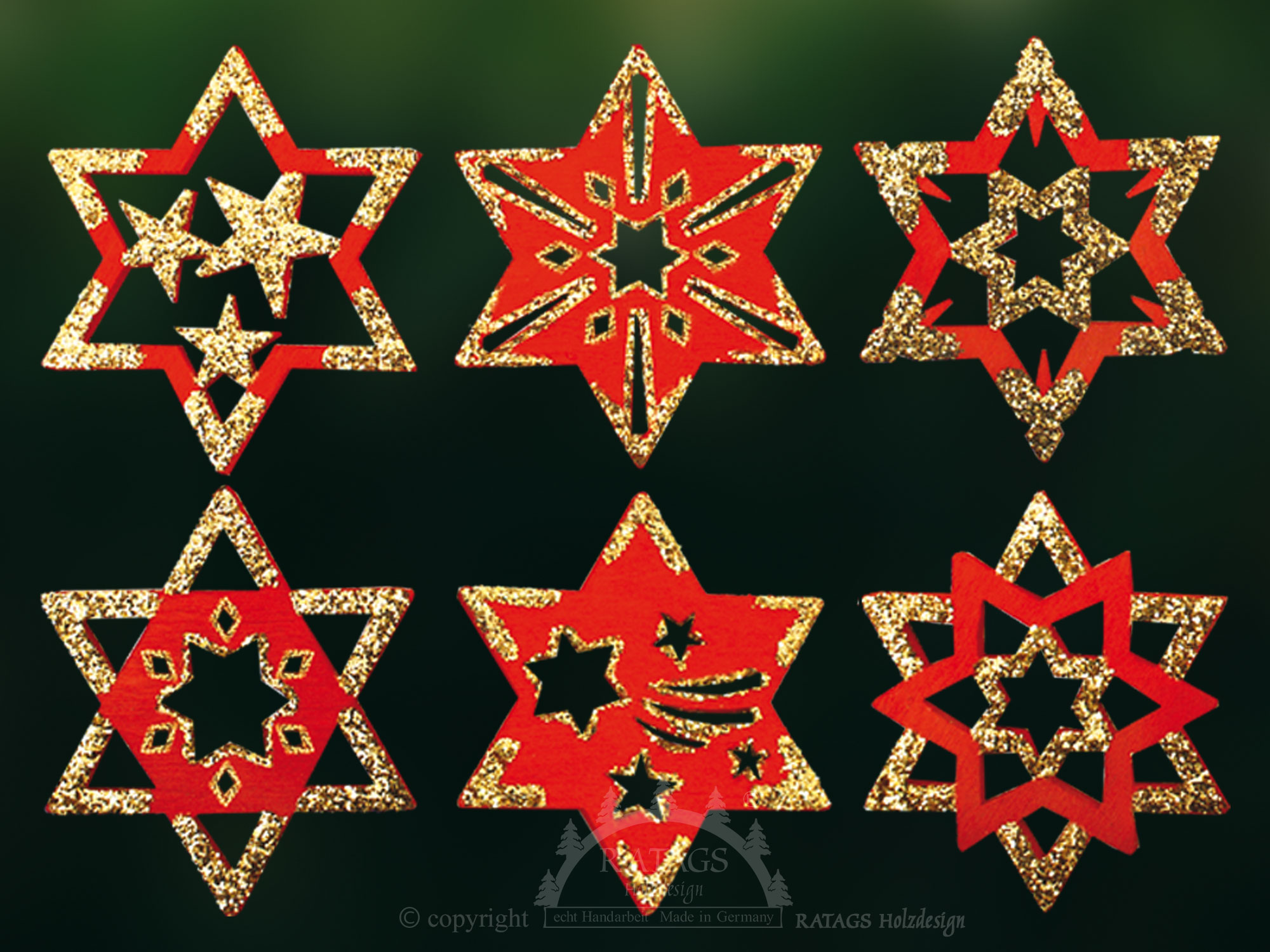 Baumbehang, 6er Set, Sterne, rot-gold Baumbehang, 6er Set, Sterne, rot-gold