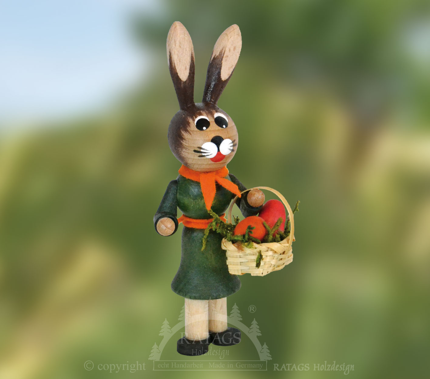 Osterhäsin, grün/orange, mit Eierkörbche Osterhäsin, grün/orange, mit Eierkörbche