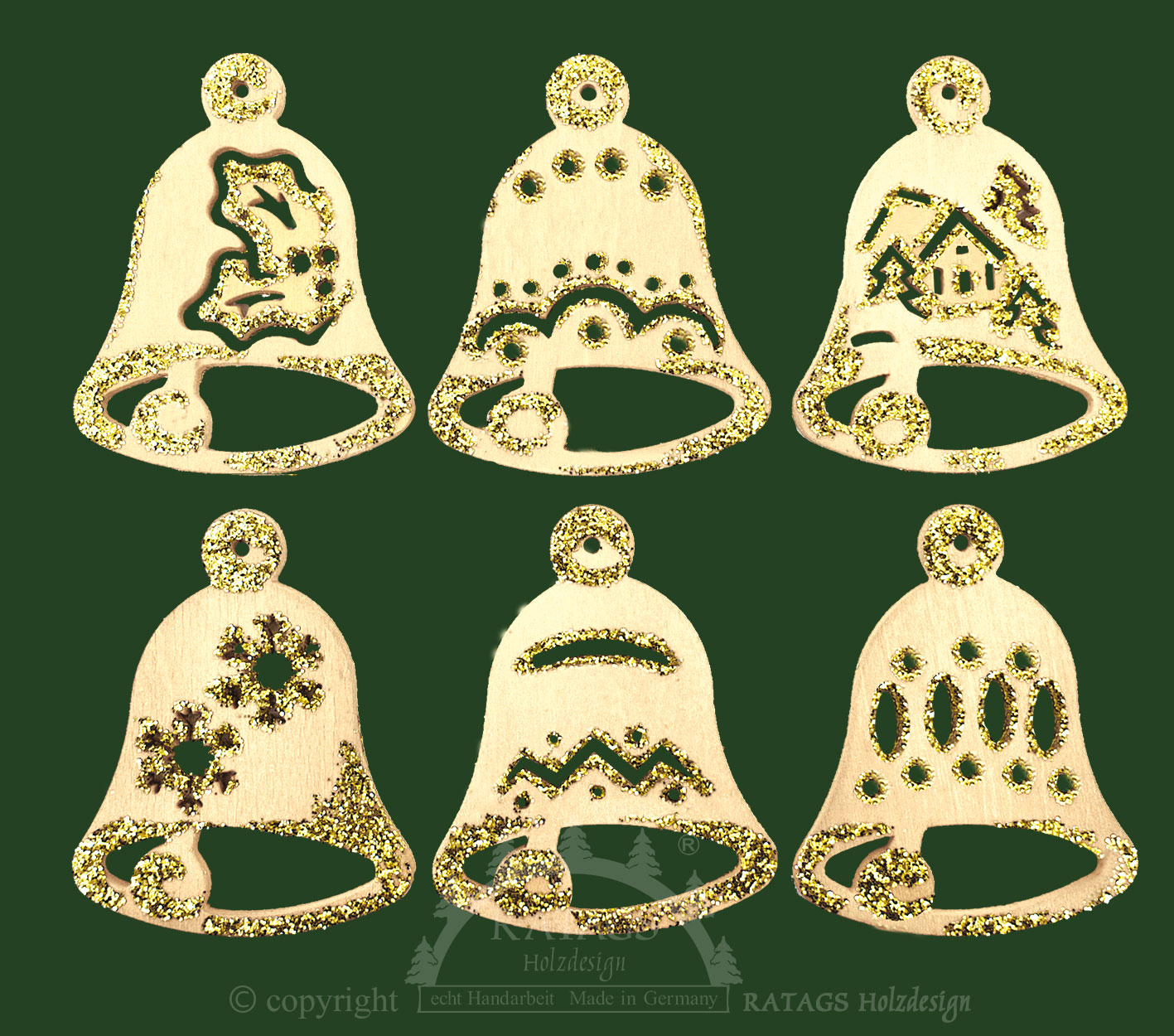 Baumbehang, 6er Set, Glocken, natur-gold Baumbehang, 6er Set, Glocken, natur-gold