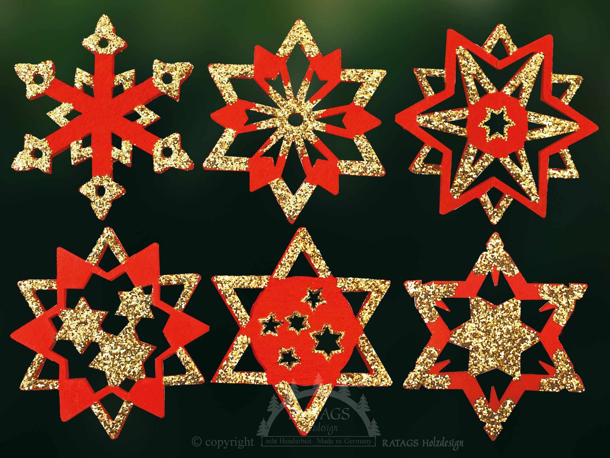 Baumbehang, 6er Set, Sterne, rot-gold Baumbehang, 6er Set, Sterne, rot-gold