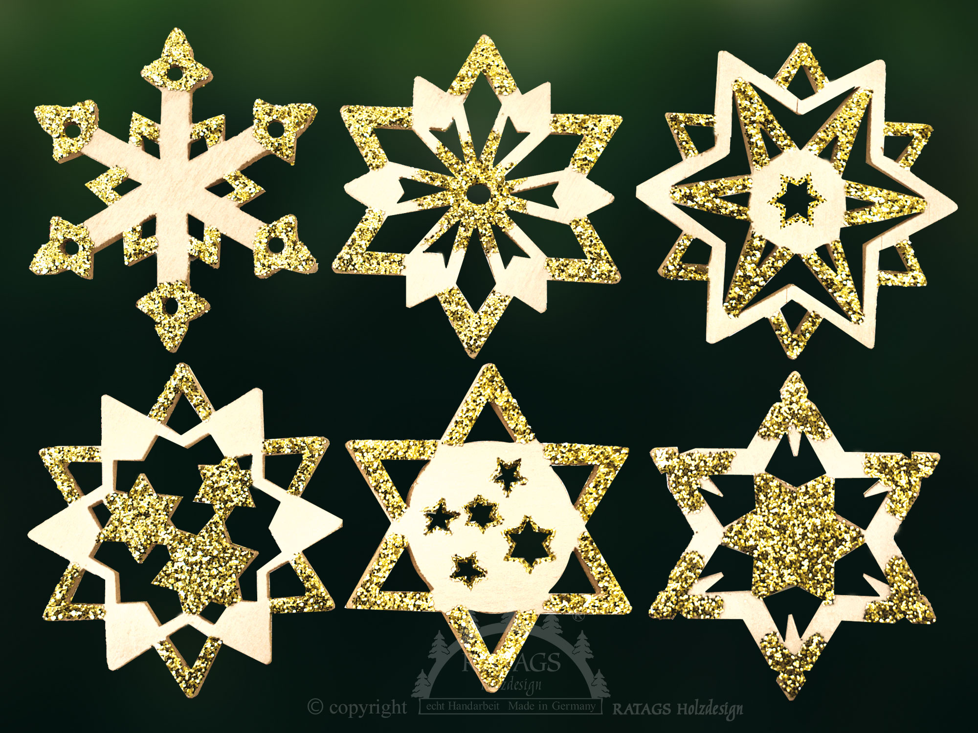 Baumbehang, 6er Set, Sterne, natur-gold