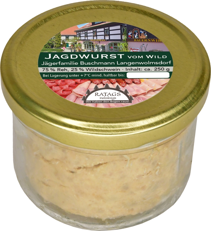 Jagdwurst mit Wild - im Glas / 200g Wurstglas Jagdwurst mit Wild - im Glas / 200g Wurstglas