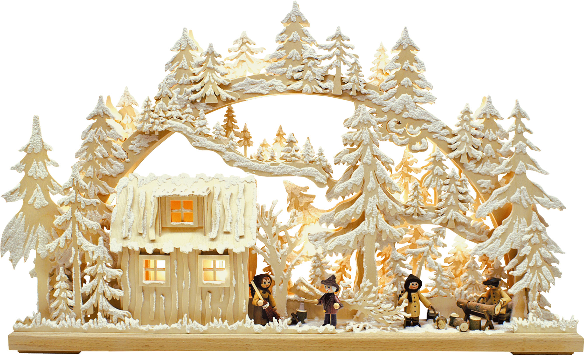 3D-Schwibbogen, mittelgroß, Blockhütte mit Waldarbeitern, Raureif 3D-Schwibbogen, mittelgroß, Blockhütte mit Waldarbeitern, Raureif