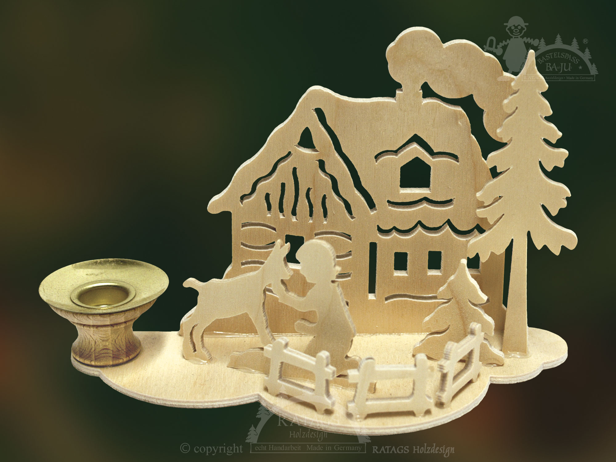 Tischschmuck zum Basteln, Hütte mit Mädchen und Hund Tischschmuck zum Basteln, Hütte mit Mädchen und Hund
