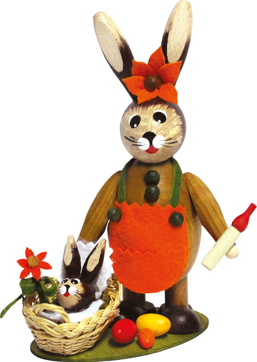 Hasenmutter, Kind in Wiege, orange-grün Hasenmutter, Kind in Wiege, orange-grün