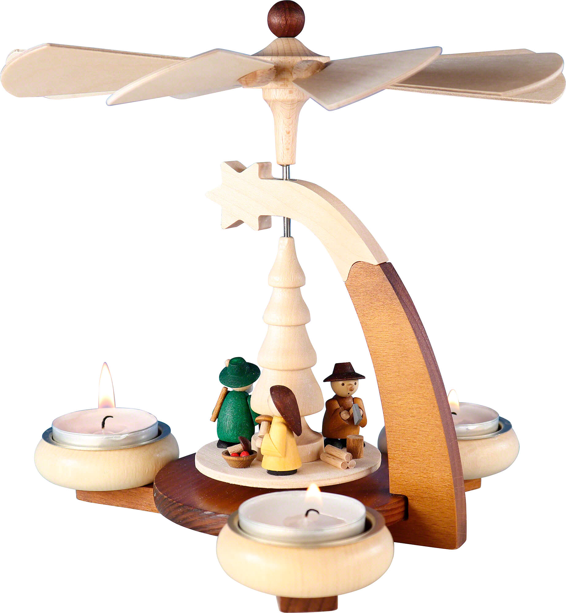 Design-Teelichtpyramide hellbraun/natur& Tüllen, Waldmotiv für 3 Teelichte