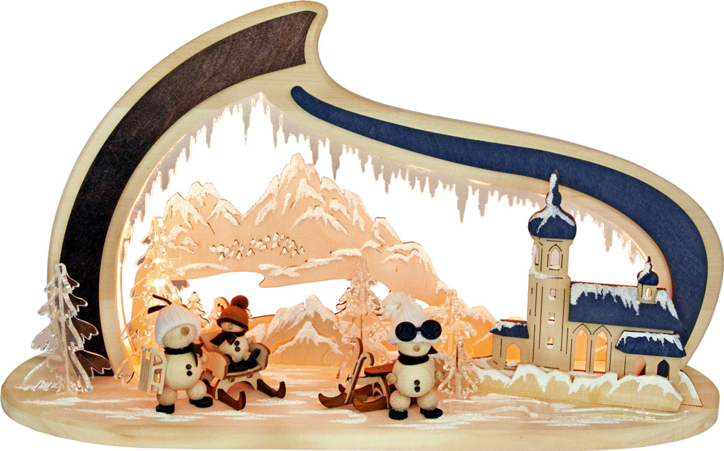 Massivholzbogen, kl., Bergkirche mit Sno LED-Beleuchtung Massivholzbogen, kl., Bergkirche mit Sno LED-Beleuchtung