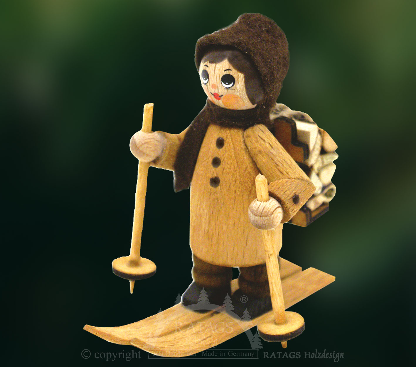 Figur, Winterholzmann, Ski und Holzkiepe, natur Figur, Winterholzmann, Ski und Holzkiepe, natur