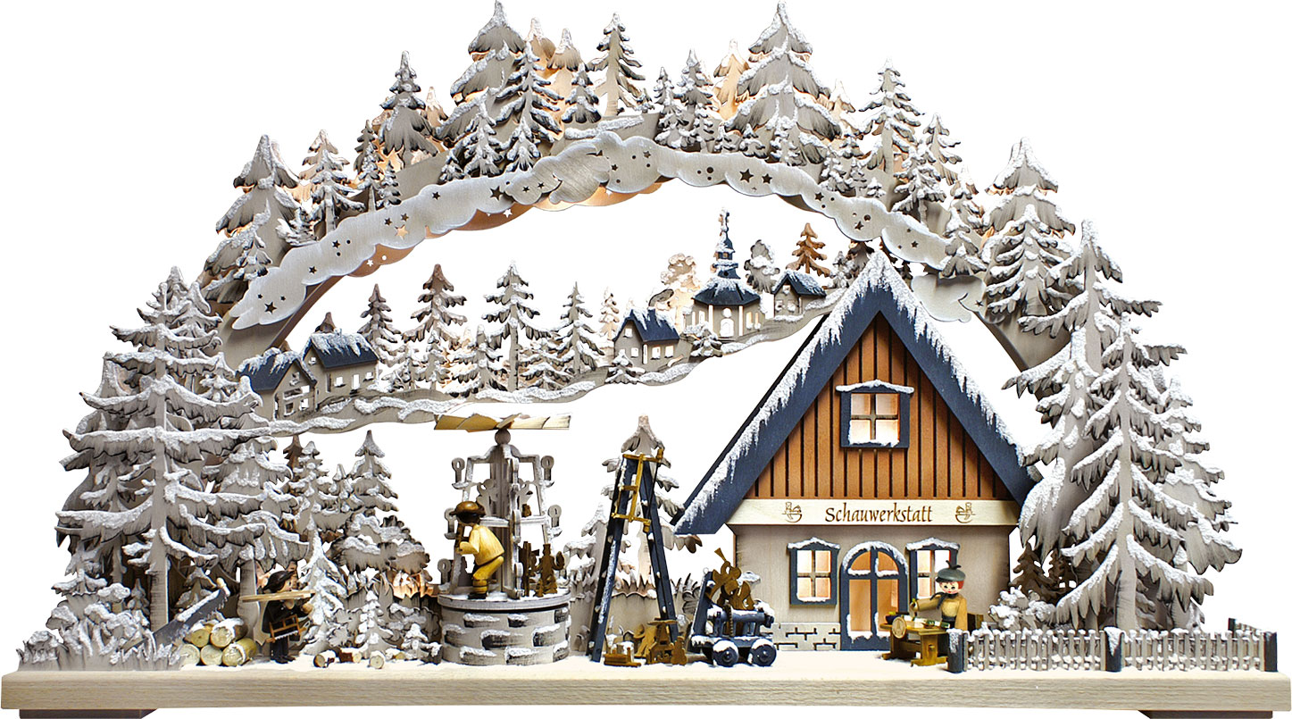 3D-Schwibbogen groß, Schauwerkstatt, mit Pyramide, farbig grau, Raureif