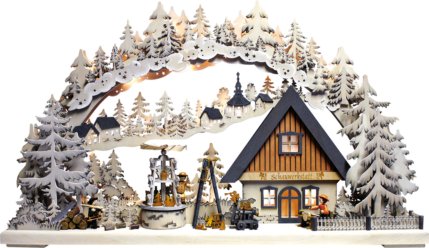 3D-Schwibbogen gr., Schauwerkstatt, mit Pyramide, farbig grau 3D-Schwibbogen gr., Schauwerkstatt, mit Pyramide, farbig grau