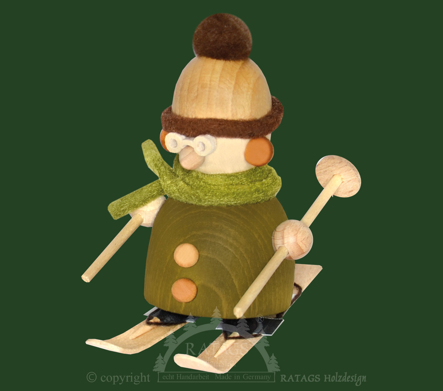 Molli auf Ski, mit Brille, grün/braun Molli auf Ski, mit Brille, grün/braun