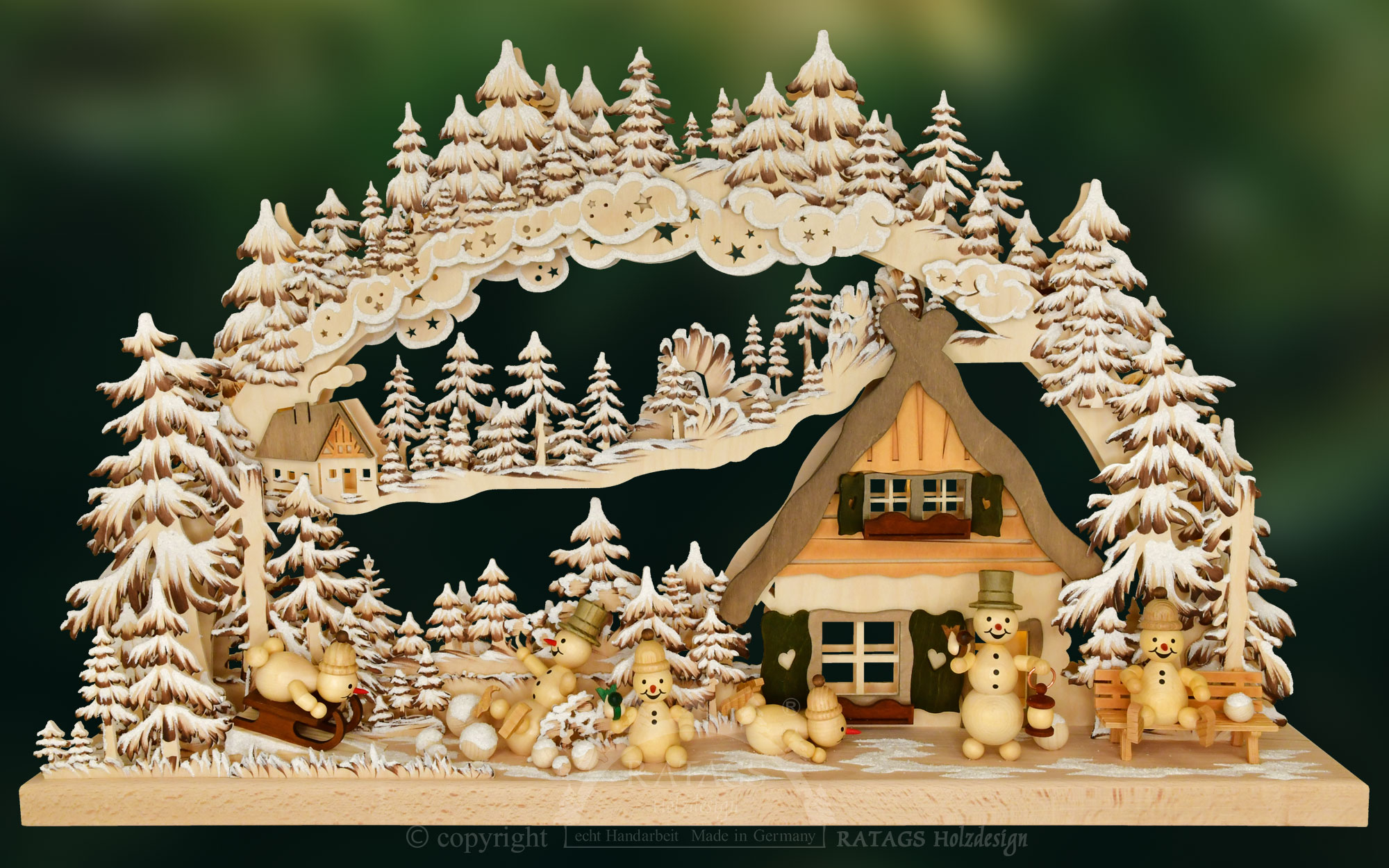 3D-Schwibbogen groß, Schneemannparadies, handbemalt, braun, Raureif